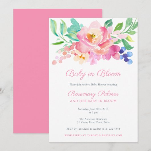 Invitation Bébé En Fleur Gras Été Floral Fille Baby shower (Devant / Derrière)