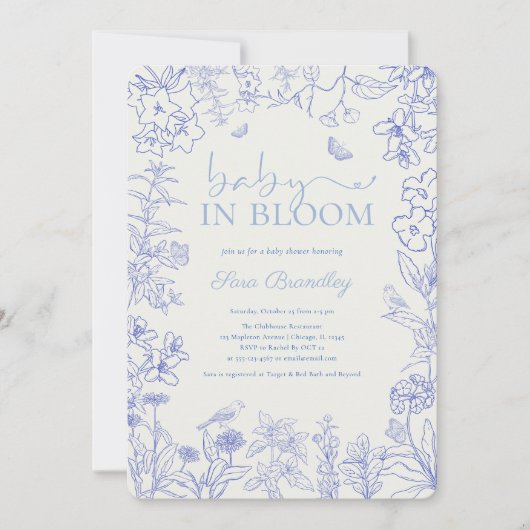 Invitation Bébé en Fleur Jardin Bleu Baby shower Chinoiserie (Devant)