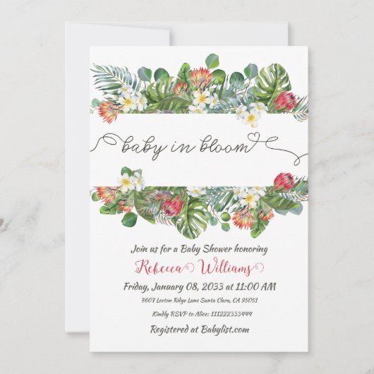 Invitation Bébé en Fleur Palm Verdure Tropical Floral Douche (Devant)
