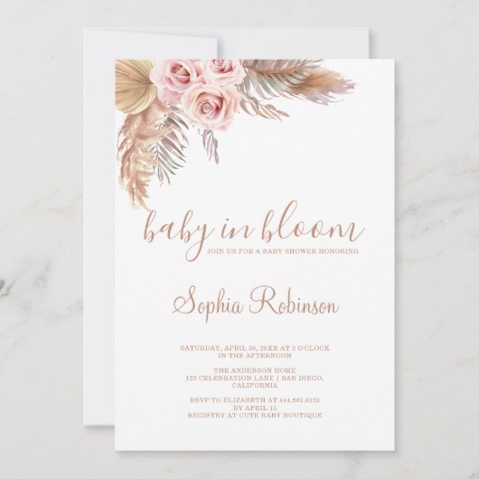 Invitation Bébé en Fleur Pampas Baby shower en laiton Boho (Devant)