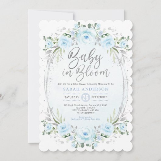 Invitation Bébé en Fleur Pastel Blue Argent Floral Boy Douche (Devant)