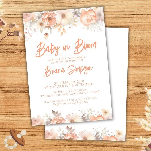 Invitation Bébé en fleur Pêcher Baby shower floral