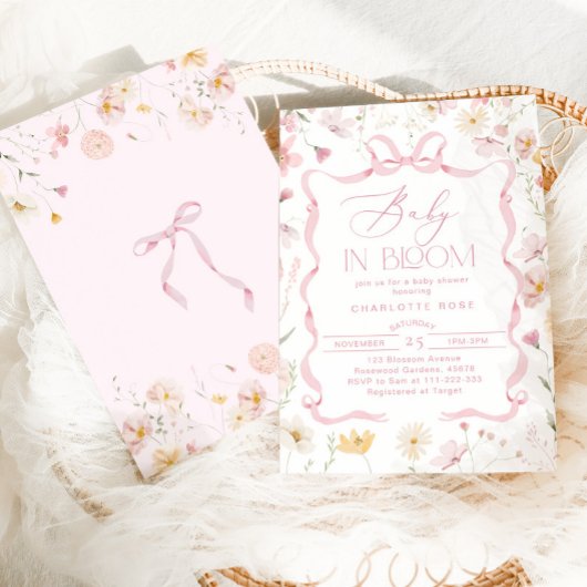 Invitation Bébé en fleur Pink Bow ruban cadre baby shower