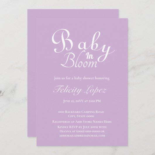 Invitation Bébé en fleur pourpre moderne (Devant / Derrière)