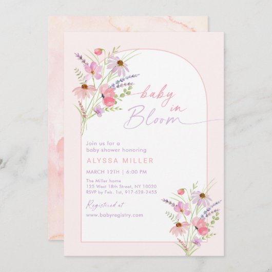 Invitation Bébé en Fleur Printemps Fleur sauvage rose Baby sh (Devant / Derrière)