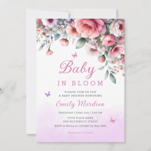 Invitation Bébé En Fleur Printemps rose Floral Fille Baby sho (Devant)