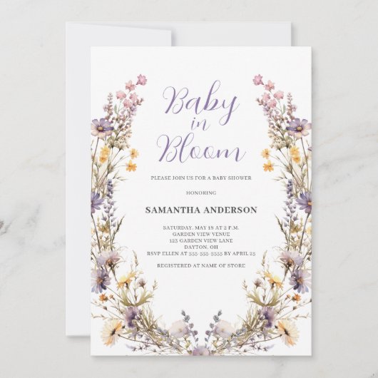 Invitation Bébé En Fleur Purple Floral Baby shower Fille (Devant)