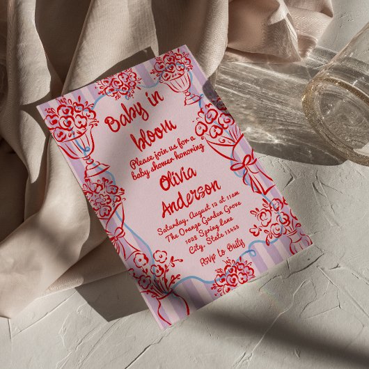 Invitation Bébé en fleur rose Baby shower de fleurs dessinées