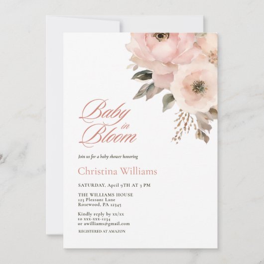 Invitation Bébé en Fleur rose Baby shower de script Floral (Devant)