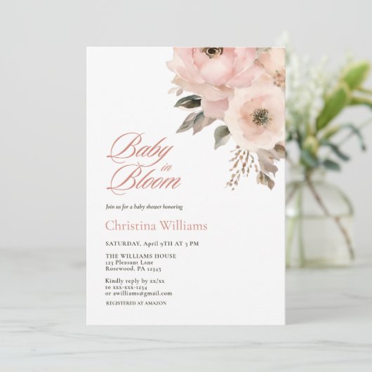 Invitation Bébé en Fleur rose Baby shower de script Floral (Debout devant)