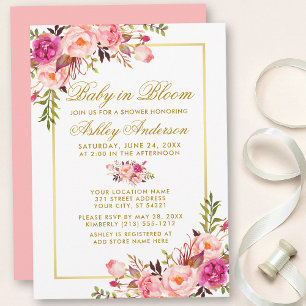 Invitation Bébé En Fleur Rose Blush Floral Douche Or