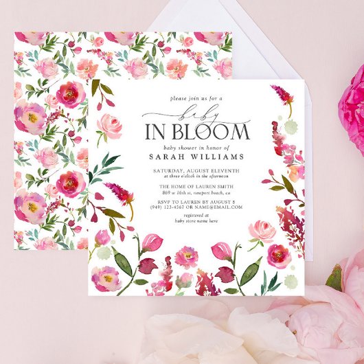 Invitation Bébé En Fleur Rose Fille Aquarelle Florale Douche