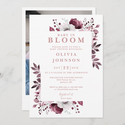 Invitation Bébé En Fleur Rose Fille Baby shower Photo Floral (Devant / Derrière)