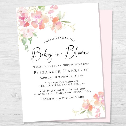 Invitation Bébé en Fleur Rose Floral Douche