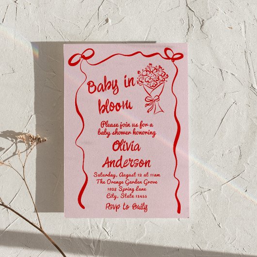 Invitation Bébé en Fleur rose rouge Drawn Douche Bouquet