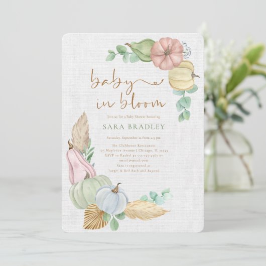 Invitation bébé en fleur Rustique automne boho Citrouille bab (Debout devant)