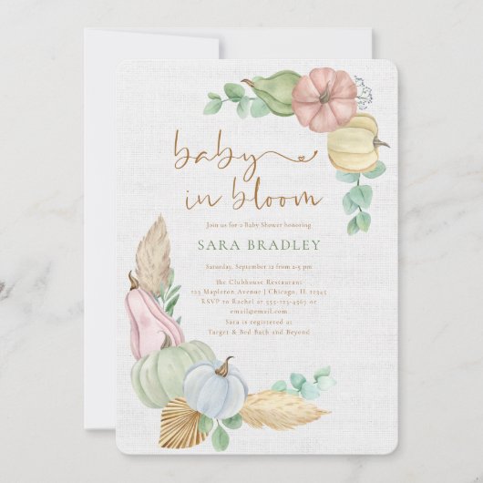 Invitation bébé en fleur Rustique automne boho Citrouille bab (Devant)