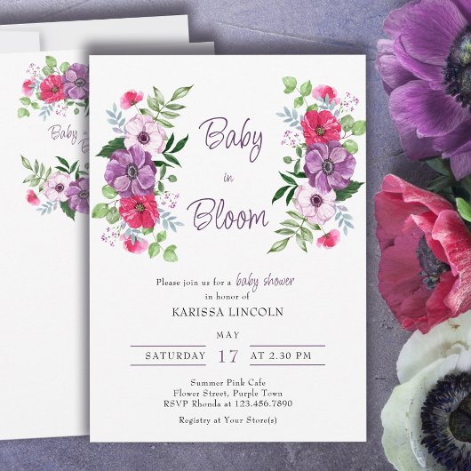 Invitation Bébé en fleur violet Baby shower de fleurs roses