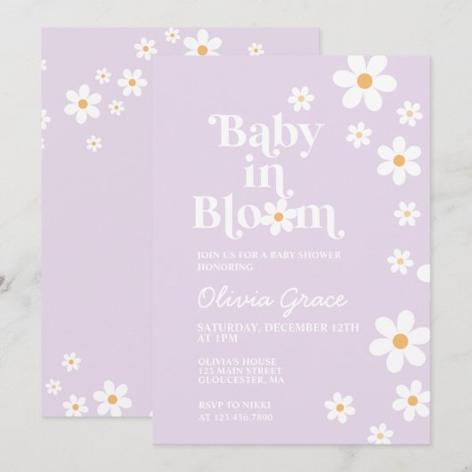 Invitation Bébé en fleur violet Baby shower de marguerite Inv (Devant / Derrière)