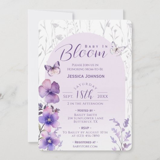 Invitation Bébé en fleur violet Baby shower papillon floral (Devant)