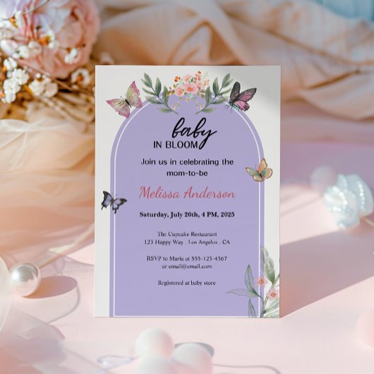 Invitation Bébé en fleur violet Baby shower papillon floral