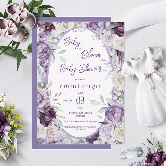 Invitation Bébé en Fleur violet Floral Baby shower moderne