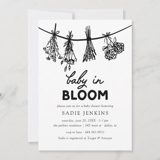Invitation Bébé en fleur Whimsical Black & White Baby shower (Devant)