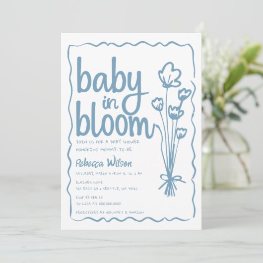 Invitation Bébé en fleur Whimsical main tiré Baby shower garç (Debout devant)
