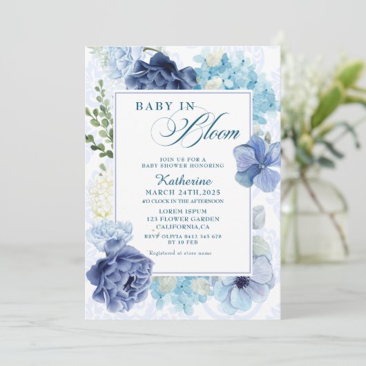 Invitation Bébé en fleurs aquarelle baby shower bleu fleuri (Debout devant)