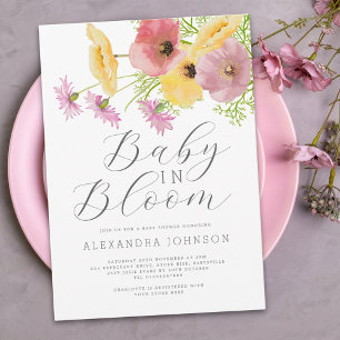 Invitation Bébé en fleurs aquarelle floral rose jaune