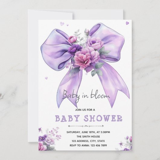 Invitation bébé en fleurs avec un nœud violet (Devant)