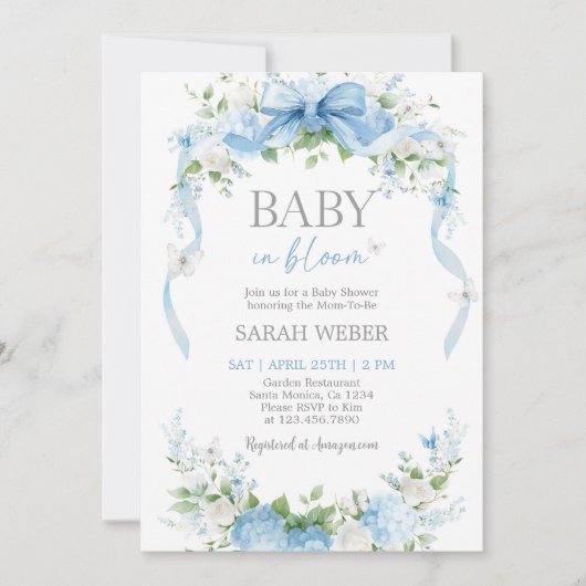 Invitation Bébé en fleurs Baby Shower Bleu (Devant)