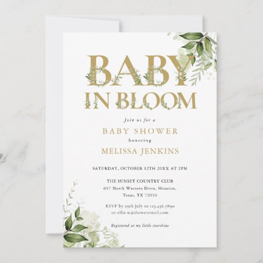 Invitation Bébé en fleurs Baby shower de verdure or (Devant)