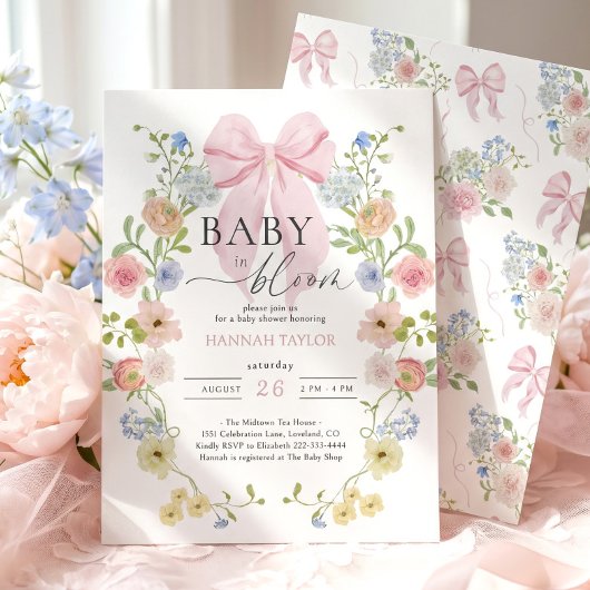 Invitation Bébé en fleurs Baby shower rose ruban