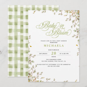 Invitation Bébé en fleurs Baby Shower rustique feuilles aquar