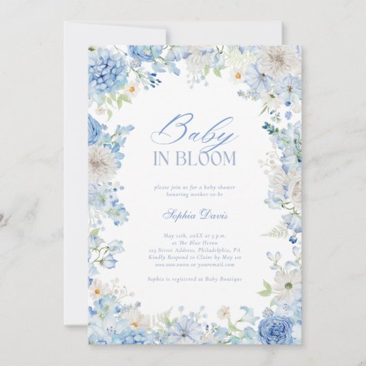 Invitation Bébé en fleurs bleu Baby shower d'aquarelle Floral (Devant)
