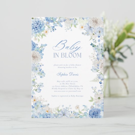 Invitation Bébé en fleurs bleu Baby shower d'aquarelle Floral (Debout devant)