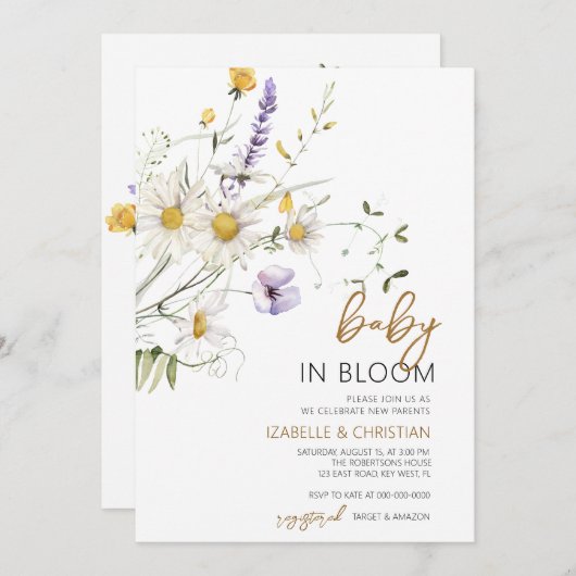 Invitation Bébé en fleurs Douche Camomille Fleurs sauvages (Devant / Derrière)
