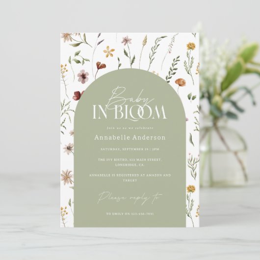 Invitation Bébé en fleurs douche fleur sauvage sauge arche ve (Debout devant)