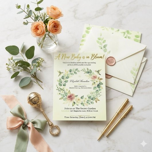 Invitation Bébé en fleurs | Élégante flore botanique