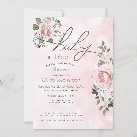 Invitation Bébé en fleurs Fête de bébé Rose florale rose (Devant)