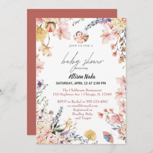 Invitation Bébé en fleurs fleurs sauvages floraux (Devant / Derrière)