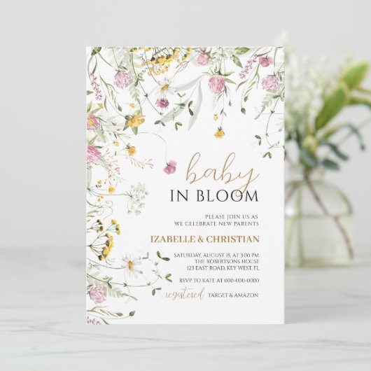 Invitation Bébé en fleurs Fleurs sauvages roses et jaunes Sho (Debout devant)