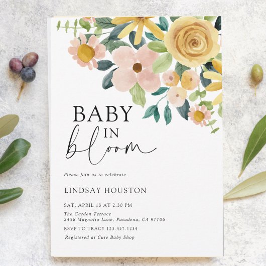 Invitation Bébé en fleurs jaune floral