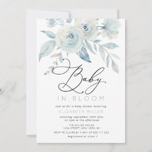 Invitation bébé en fleurs lettrage bleu baby shower floral