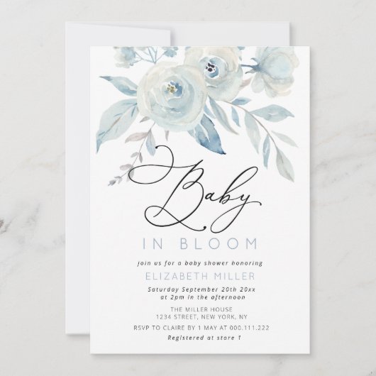 Invitation bébé en fleurs lettrage bleu baby shower floral (Devant)