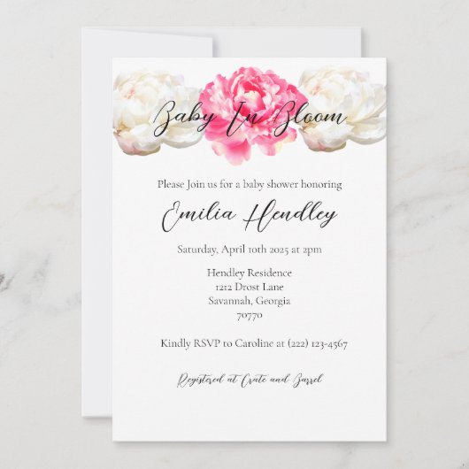 Invitation Bébé en fleurs - Pivoine classique (Devant)