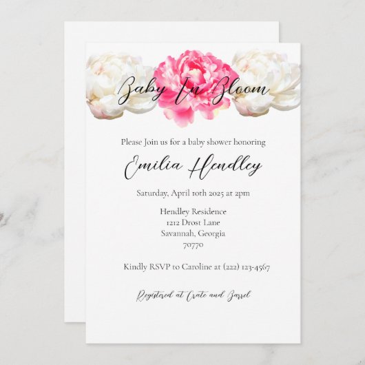 Invitation Bébé en fleurs - Pivoine classique (Devant / Derrière)