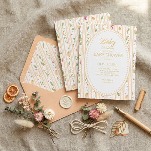 Invitation Bébé en fleurs Rayure à carreaux floraux pêche