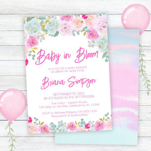 Invitation Bébé en fleurs rose bleu pêche Fête prénatale